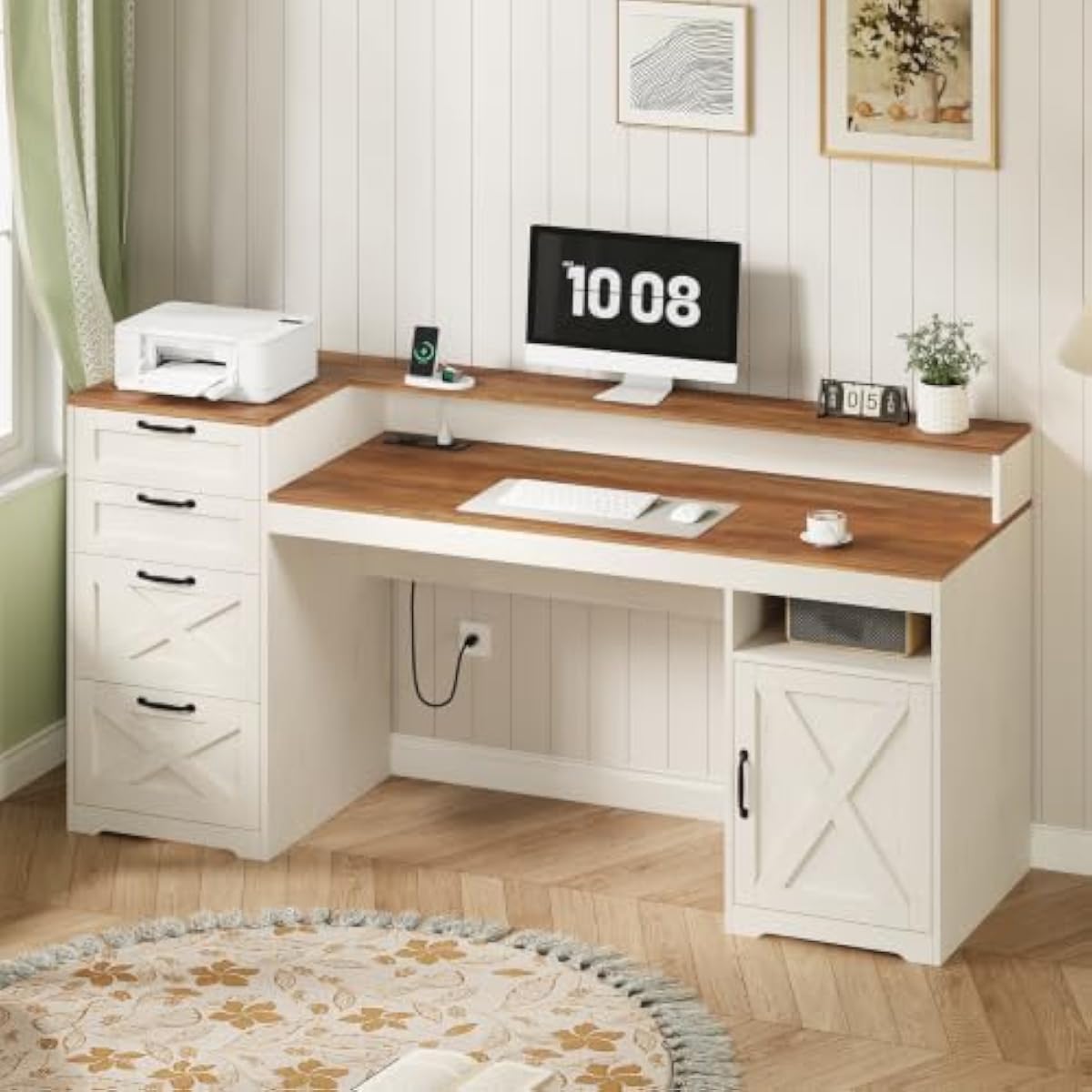 Printer Stand - 63 Zoll großer, rustikal weißer Schreibtisch